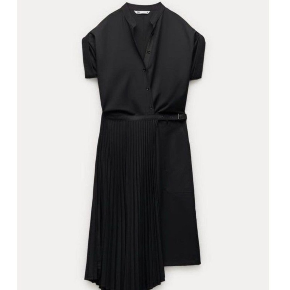 Zara Black Asymmetrical Wrap Dress with Mandarin Collar